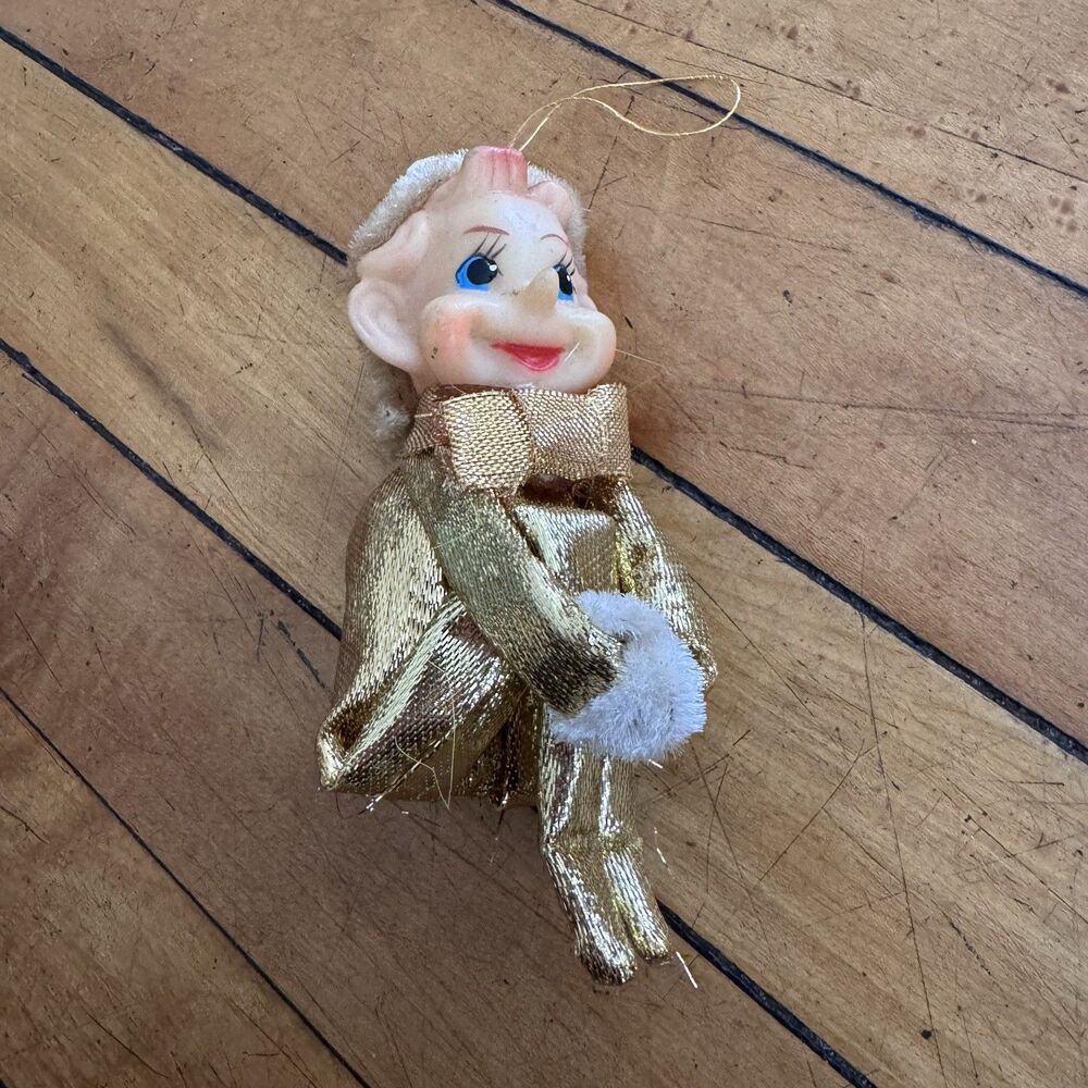 Vintage Mid Century Christmas Lame Knee Hugger Pixie Elf Ornament Gold Japan MCM